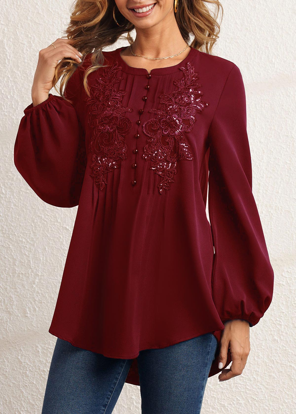 Sequin Crinkle Chest Wine Red Blouse