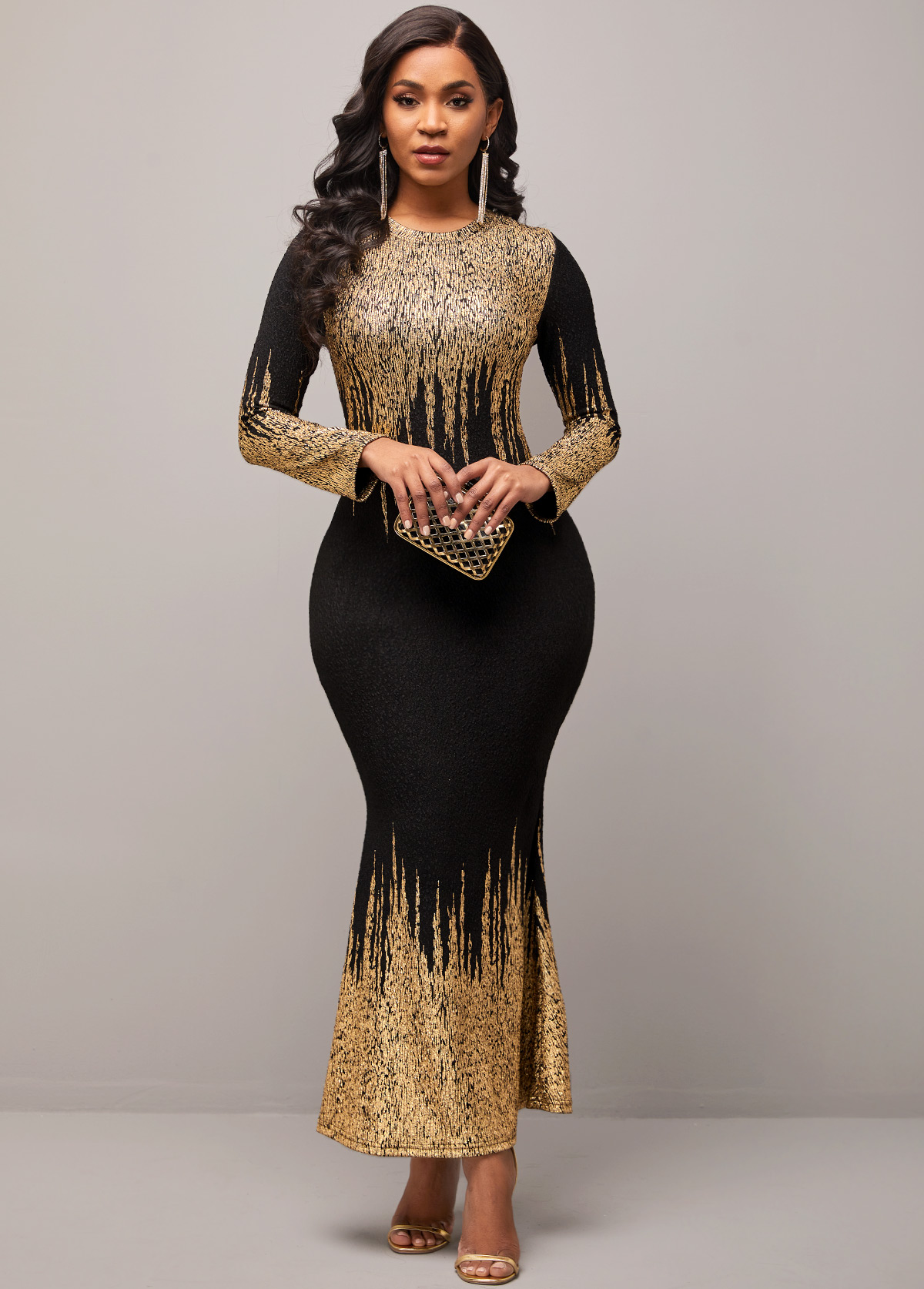 Hot Stamping Round Neck Gold Dress