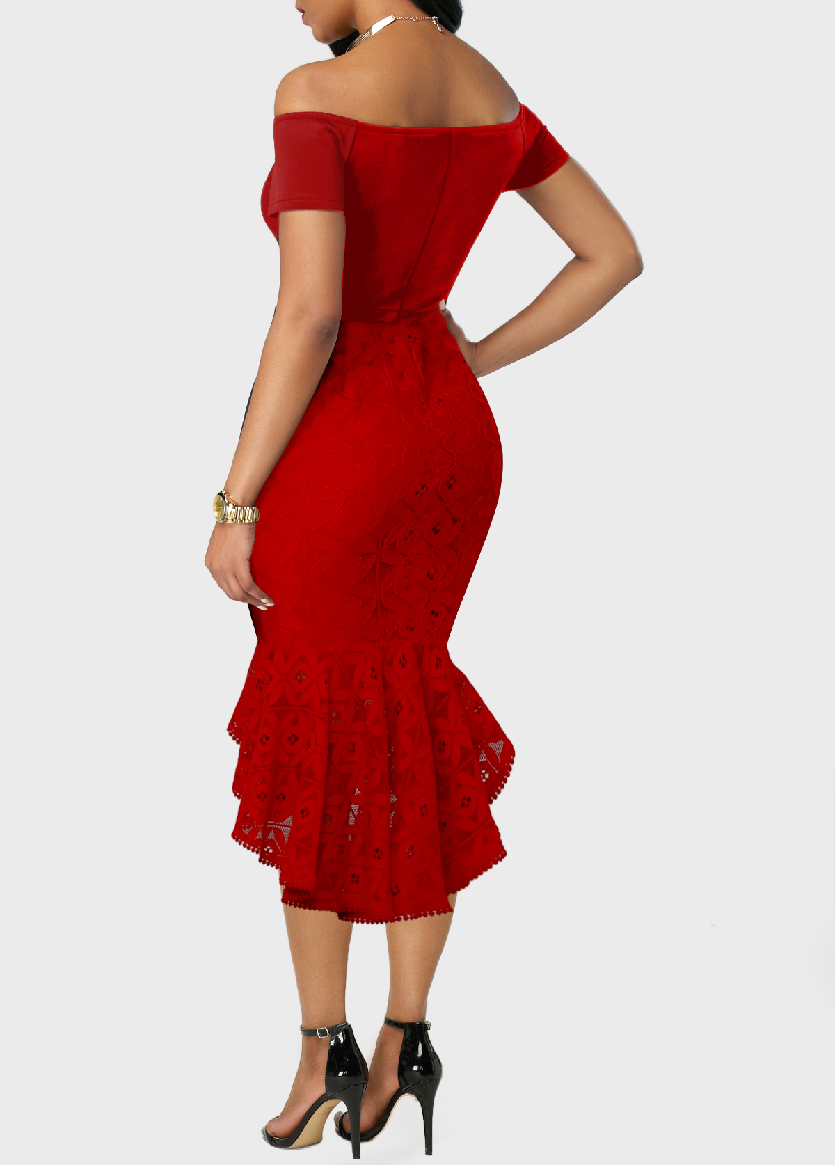 Off Shoulder Lace Stitching Red Mermaid Dress