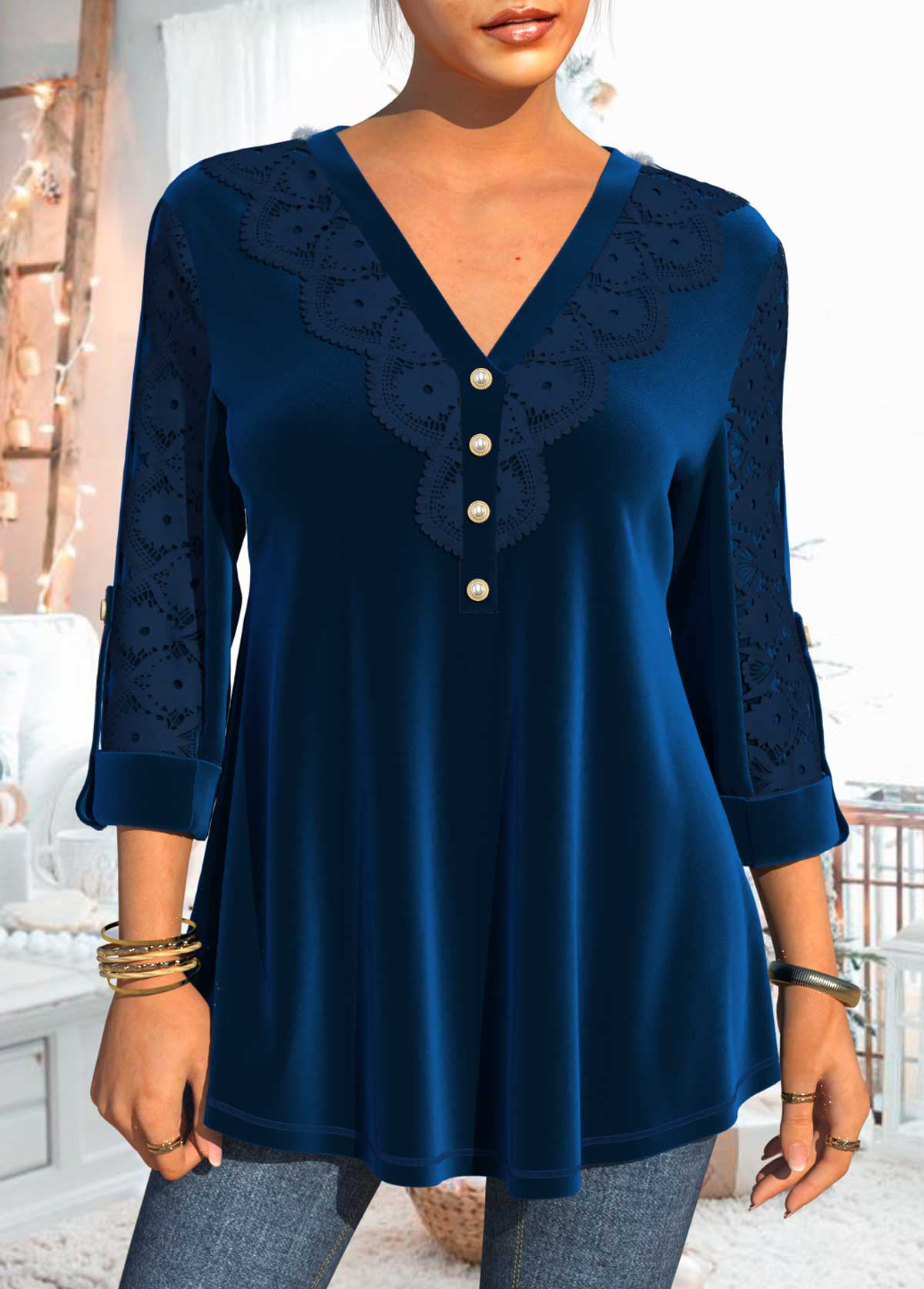 Christmas Design Velvet and Lace Stitching Blue Blouse