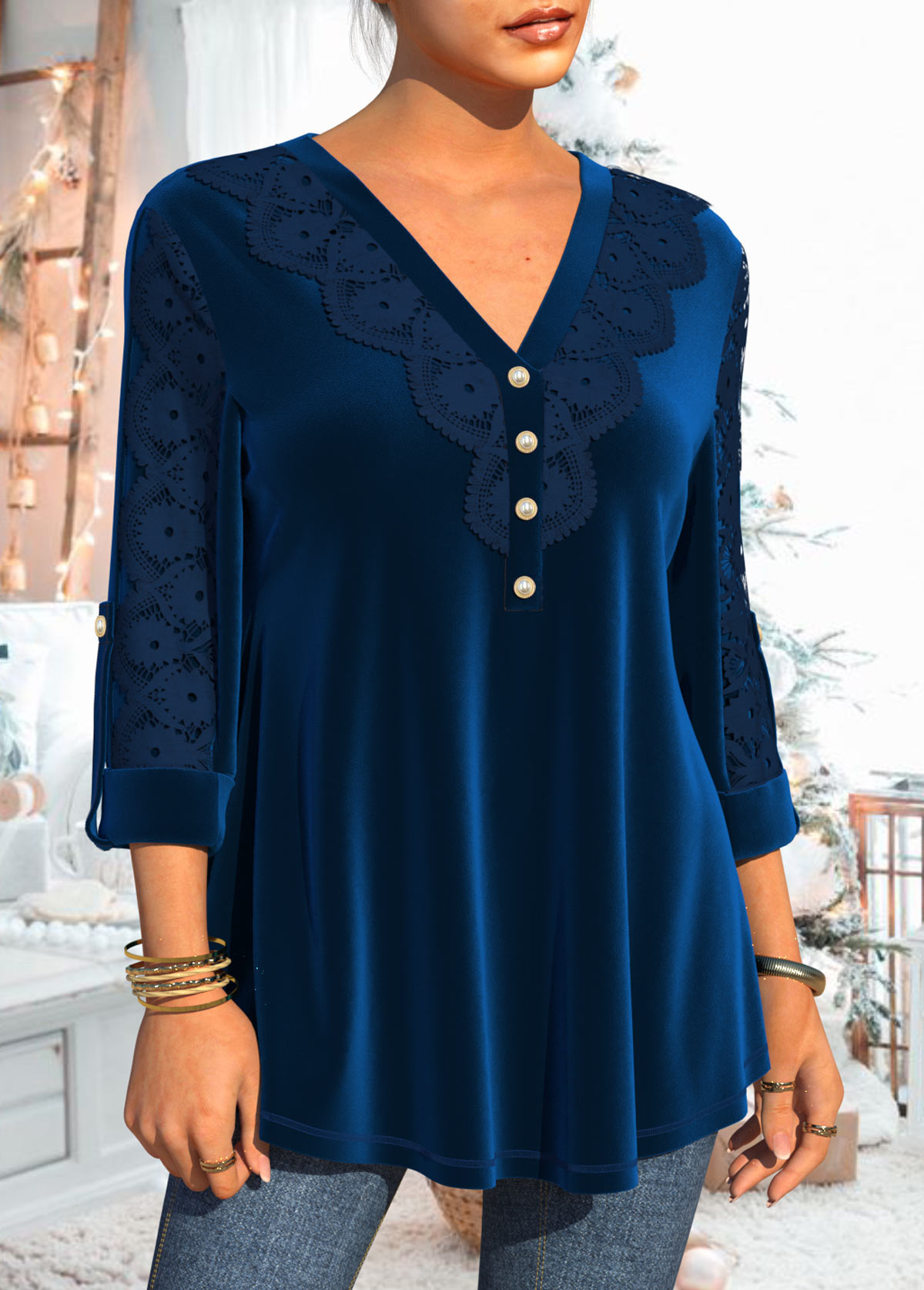 Christmas Design Velvet and Lace Stitching Blue Blouse