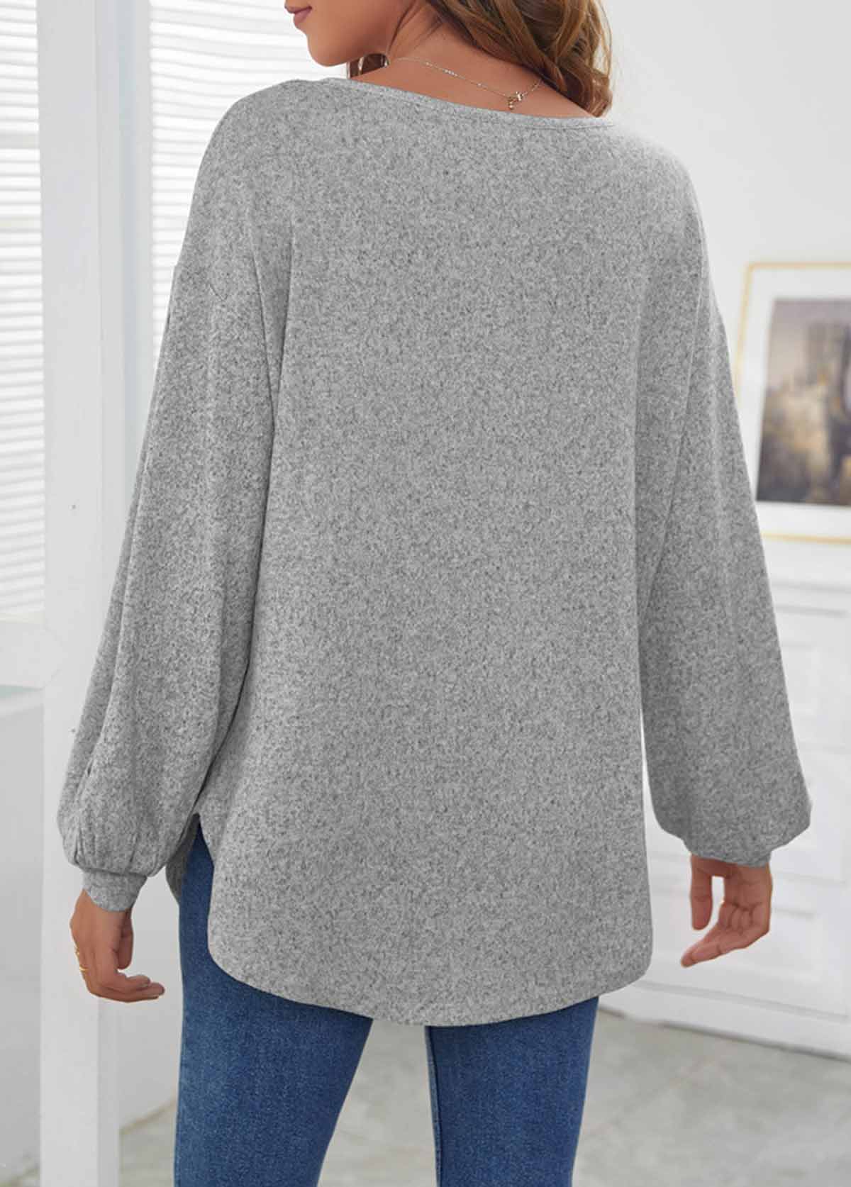Decorative Button Long Sleeve Light Grey T Shirt