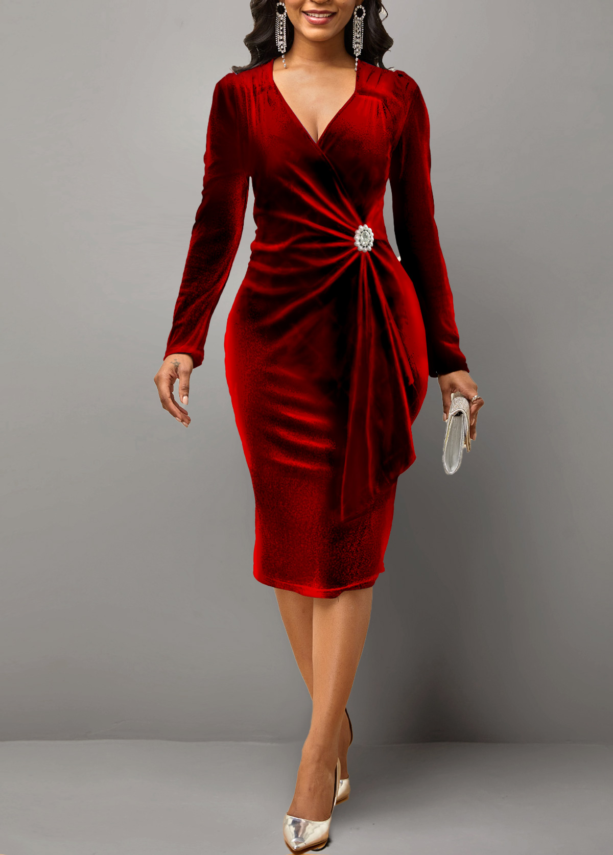 Velvet Stitching Red Long Sleeve Dress