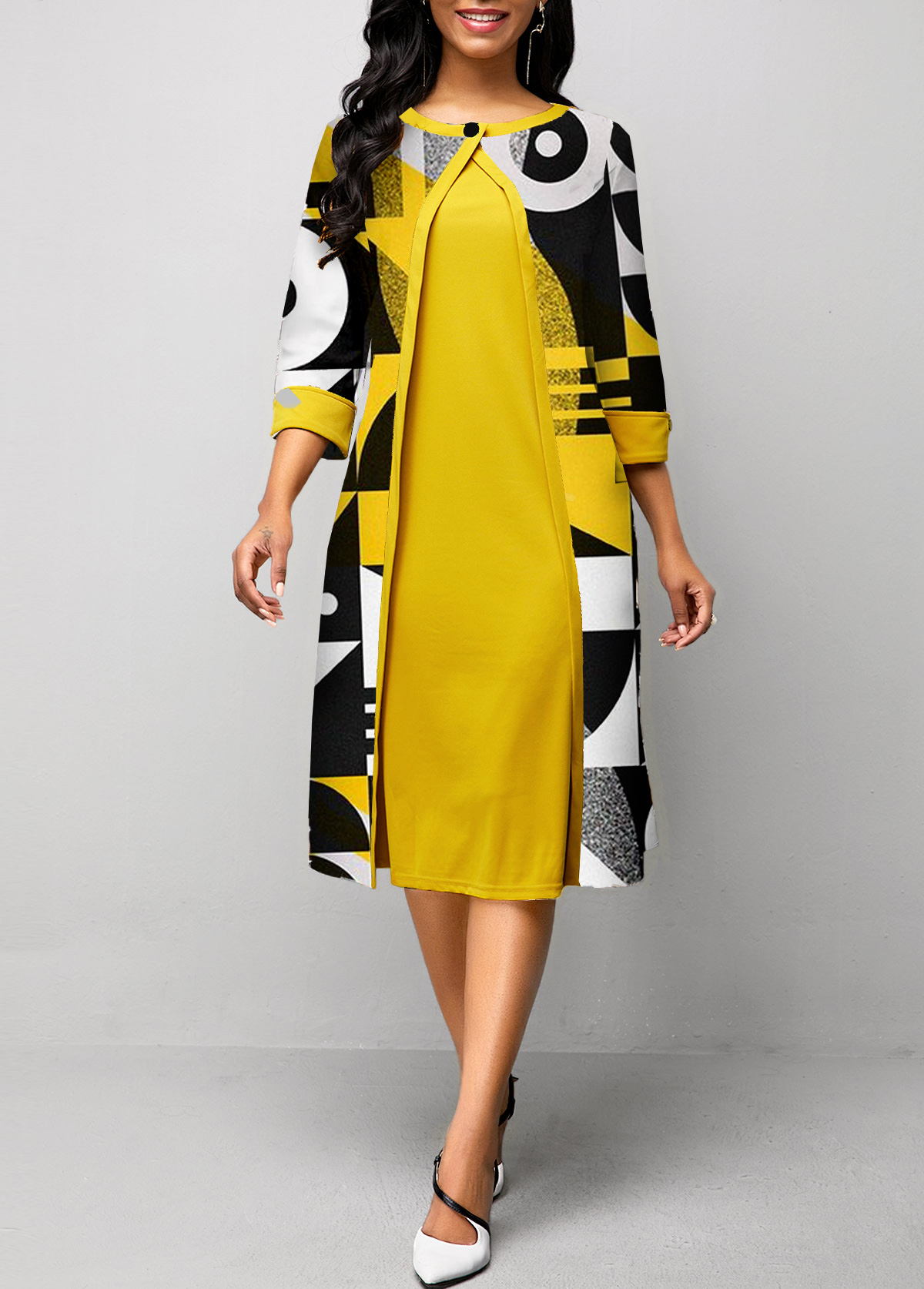 Geometric Print Yellow 3/4 Sleeve Dress