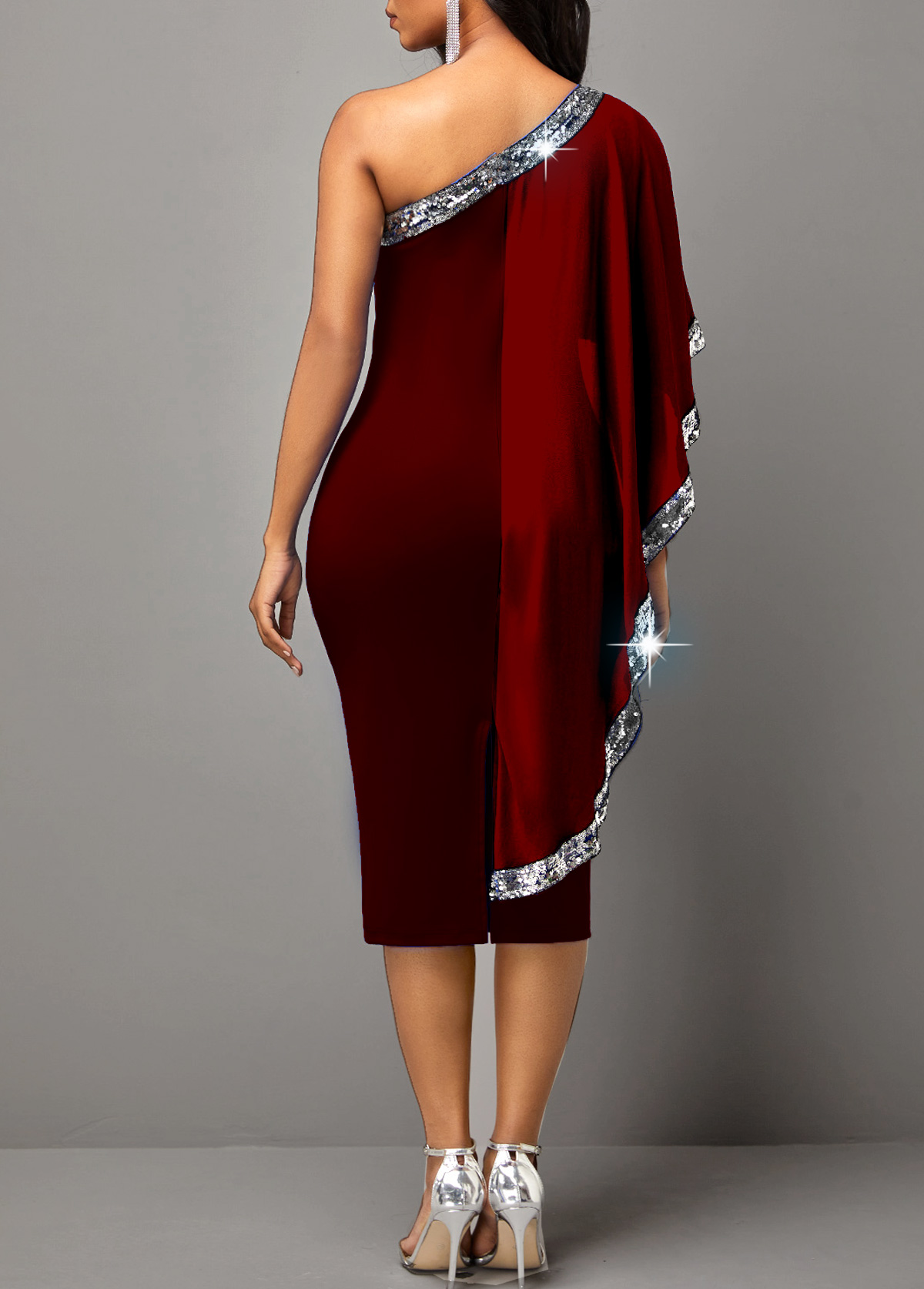 Wine Red Glitter Fabric Stitching Skew Neck Dress