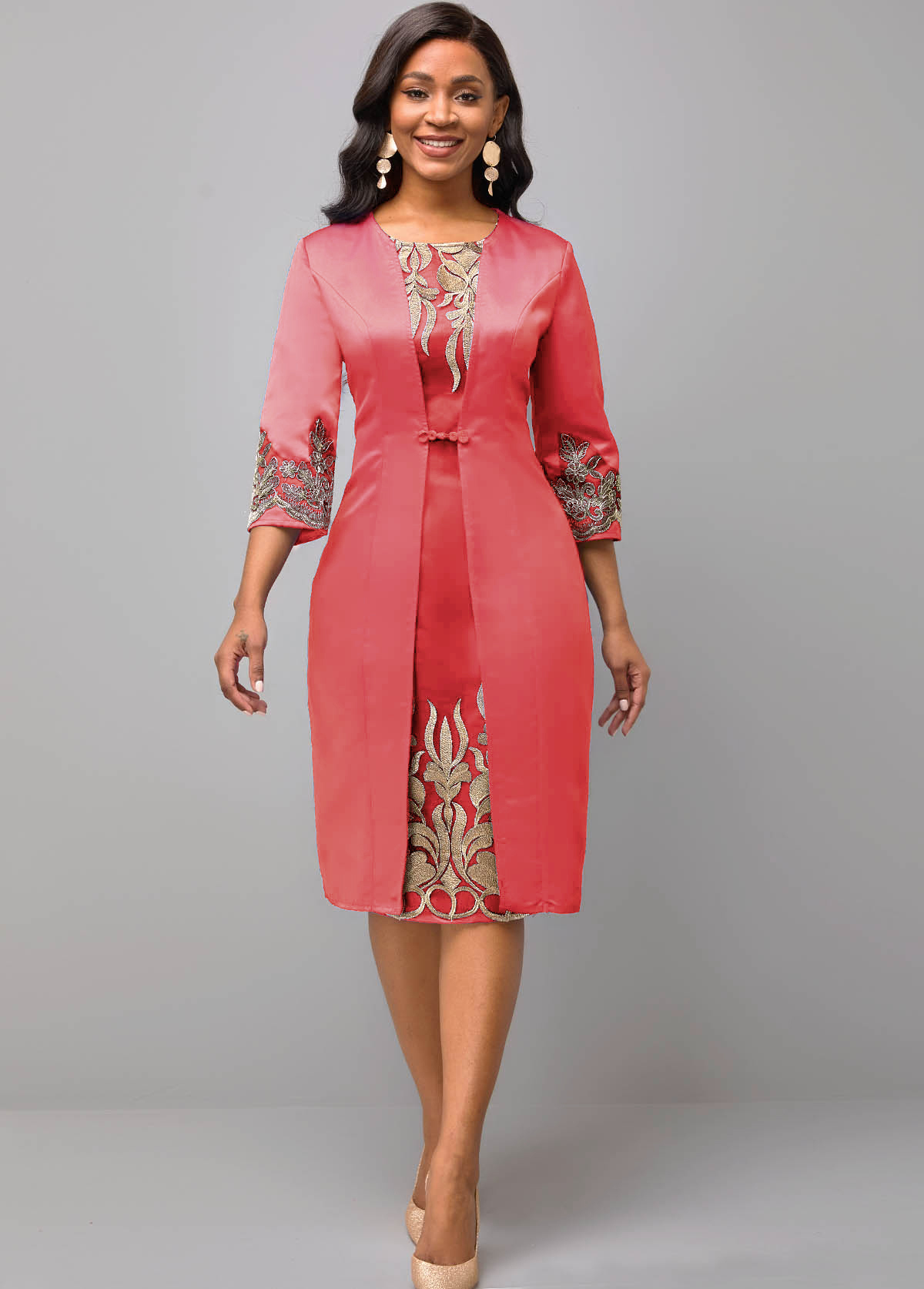 Lace Patchwork 3/4 Sleeve Round Neck Pink Dress