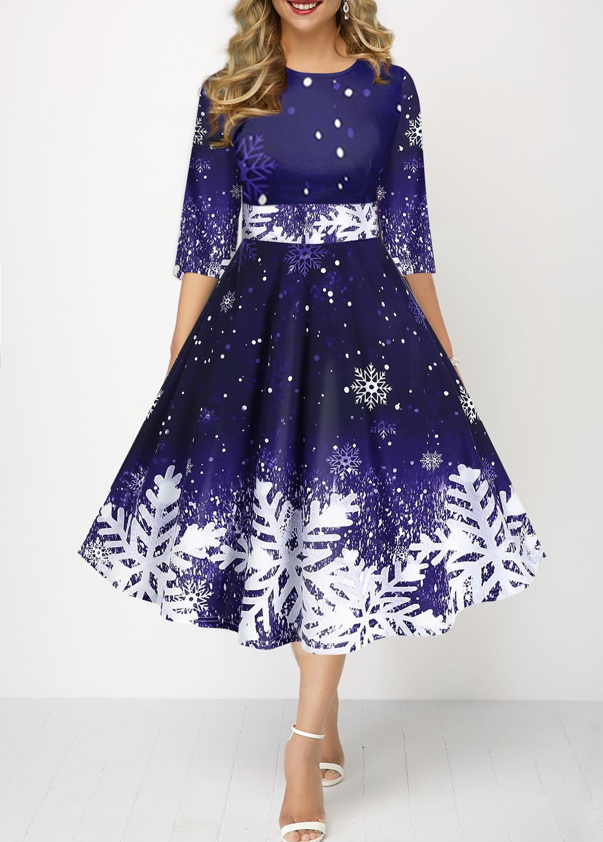 Christmas Snowflake Print Round Neck Navy Blue Dress