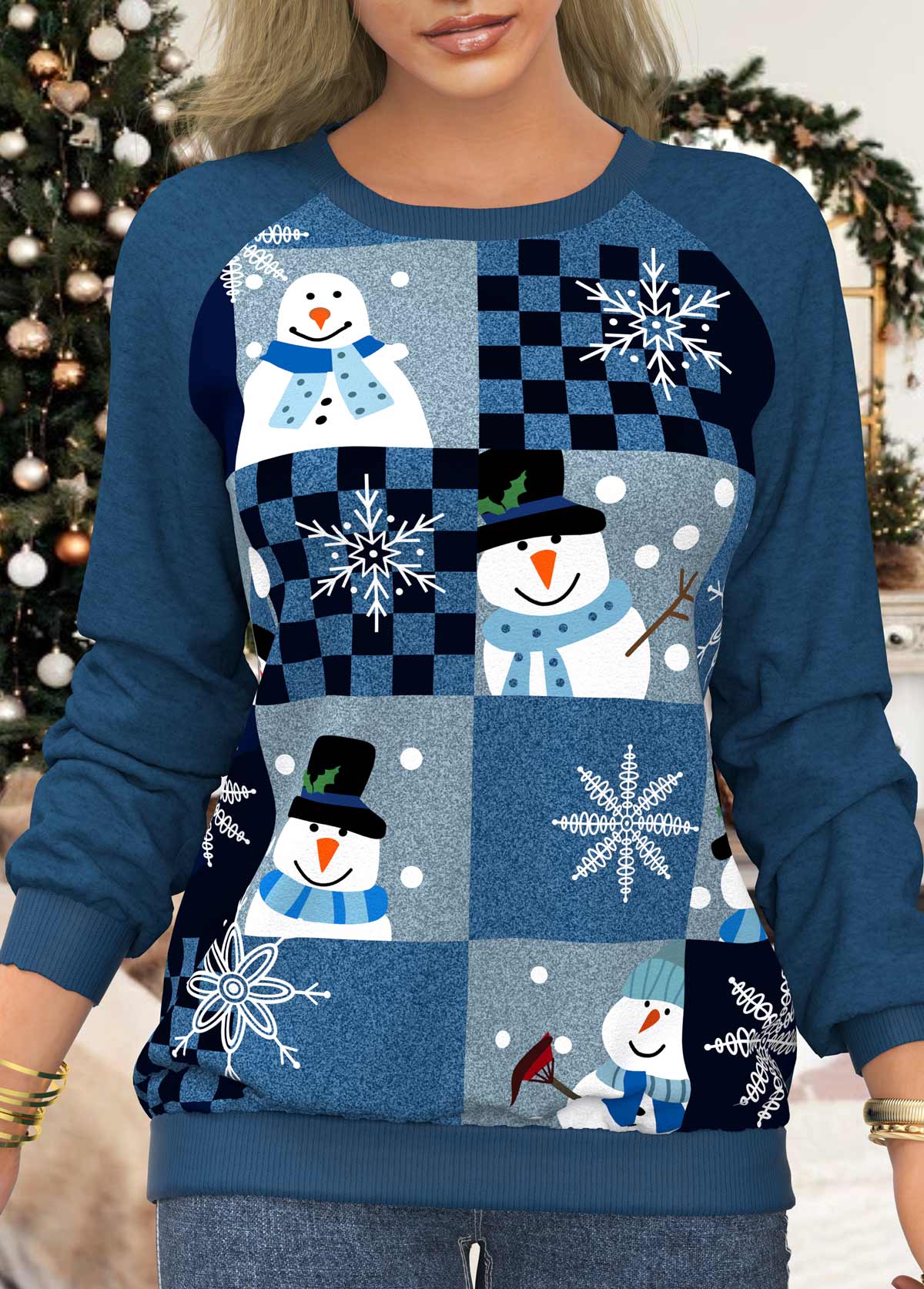 Christmas Snowman Print Blue Long Sleeve Sweatshirt