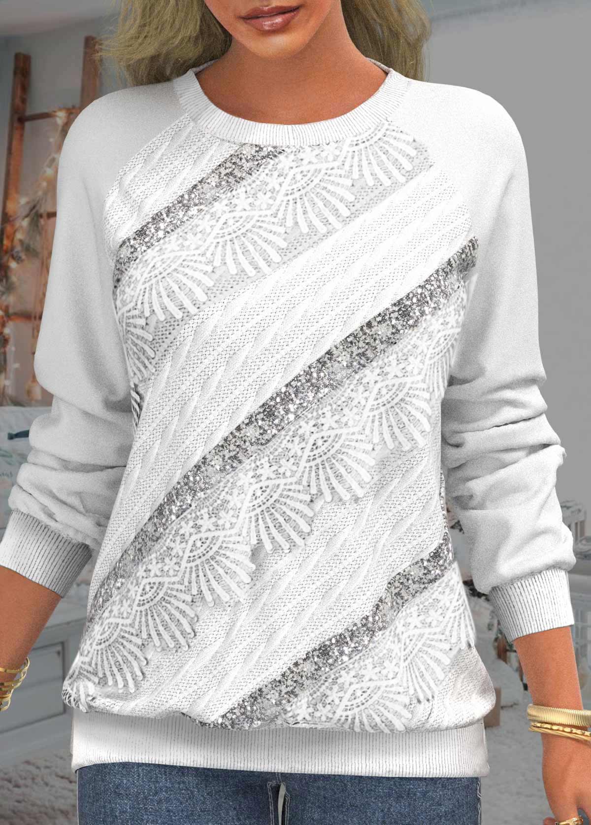 Lace Patchwork White Sequin Long Sleeve Sweatshirt