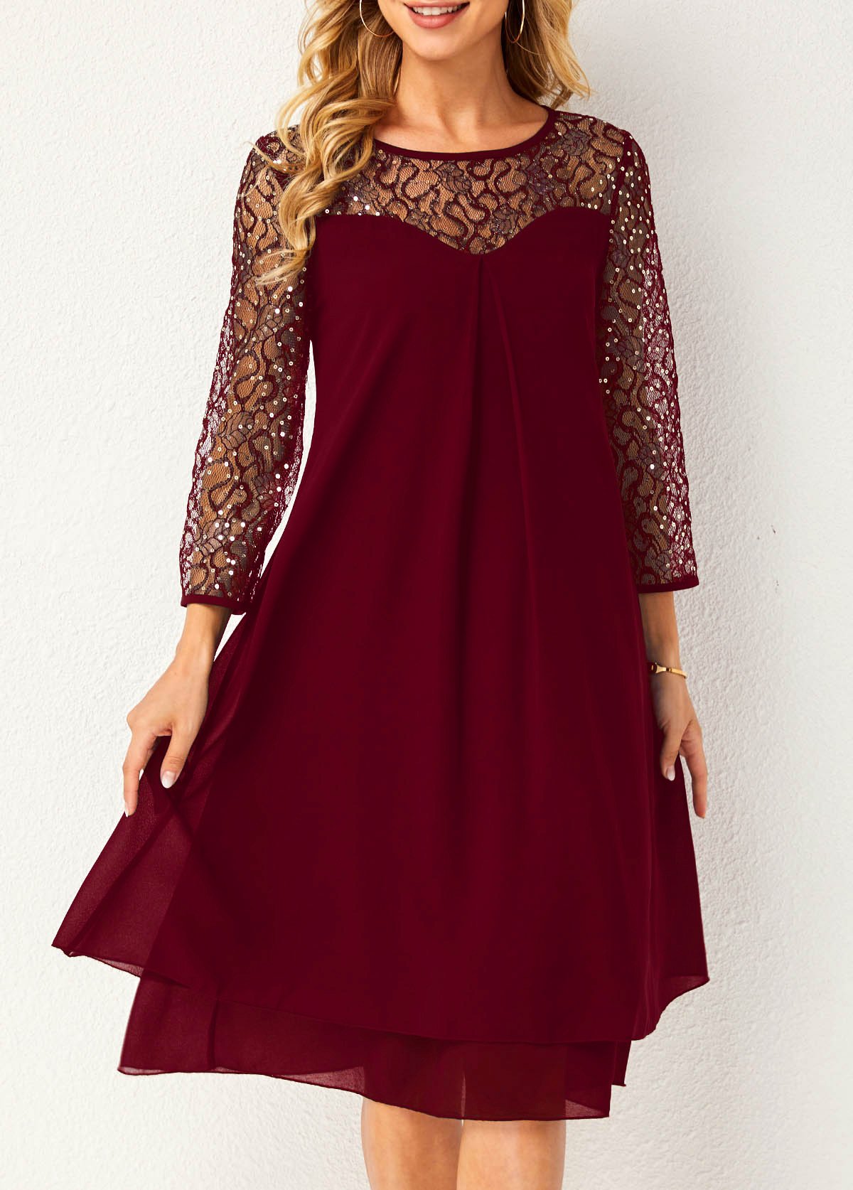 Lace Stitching Sequin Wine Red Dress