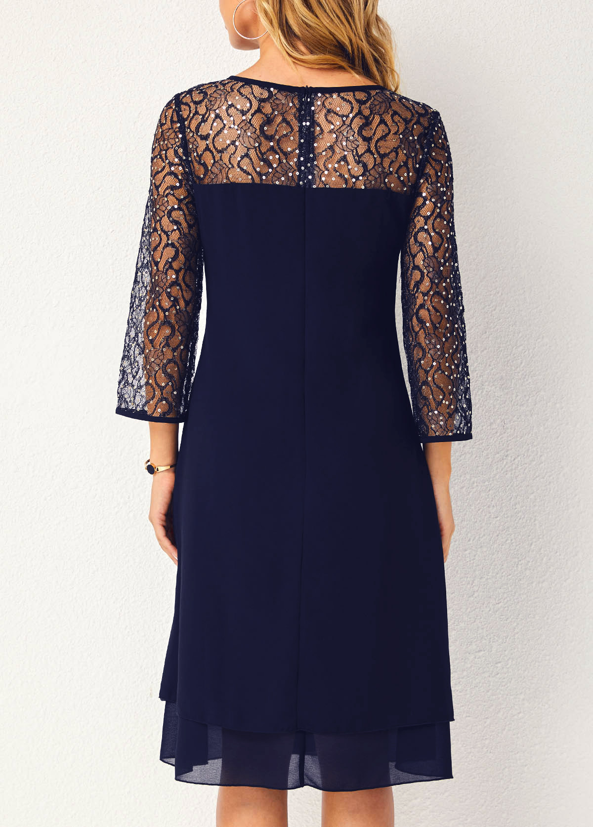 Sequin Lace Stitching Navy Blue Dress
