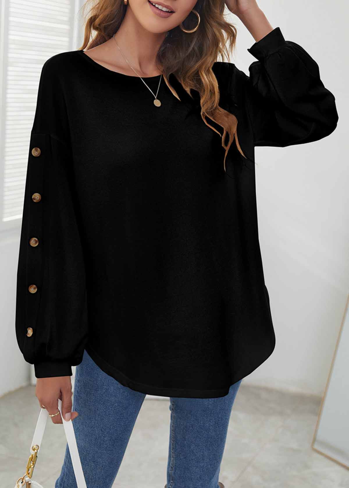 Decorative Button Long Sleeve Black T Shirt