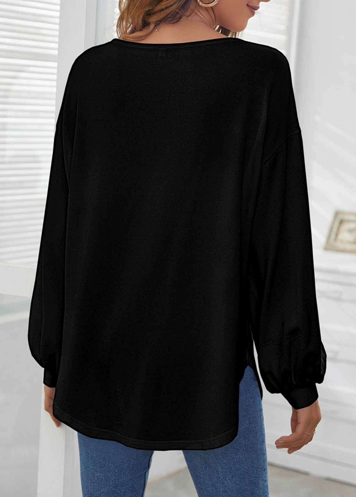 Decorative Button Long Sleeve Black T Shirt