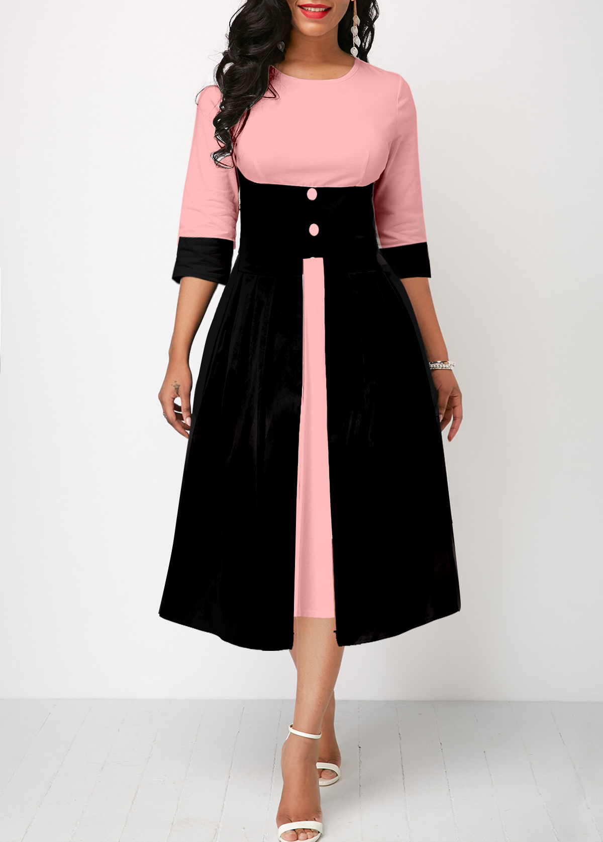Faux Two Piece Round Neck Pink High Waisted Dress