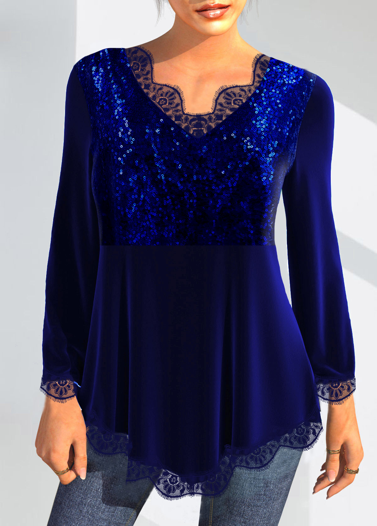 Sequin Lace Velvet Stitching Royal Blue T Shirt