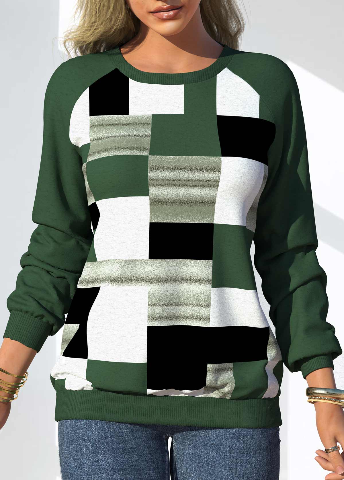 Geometric Print Green Round Neck Long Sleeve Sweatshirt