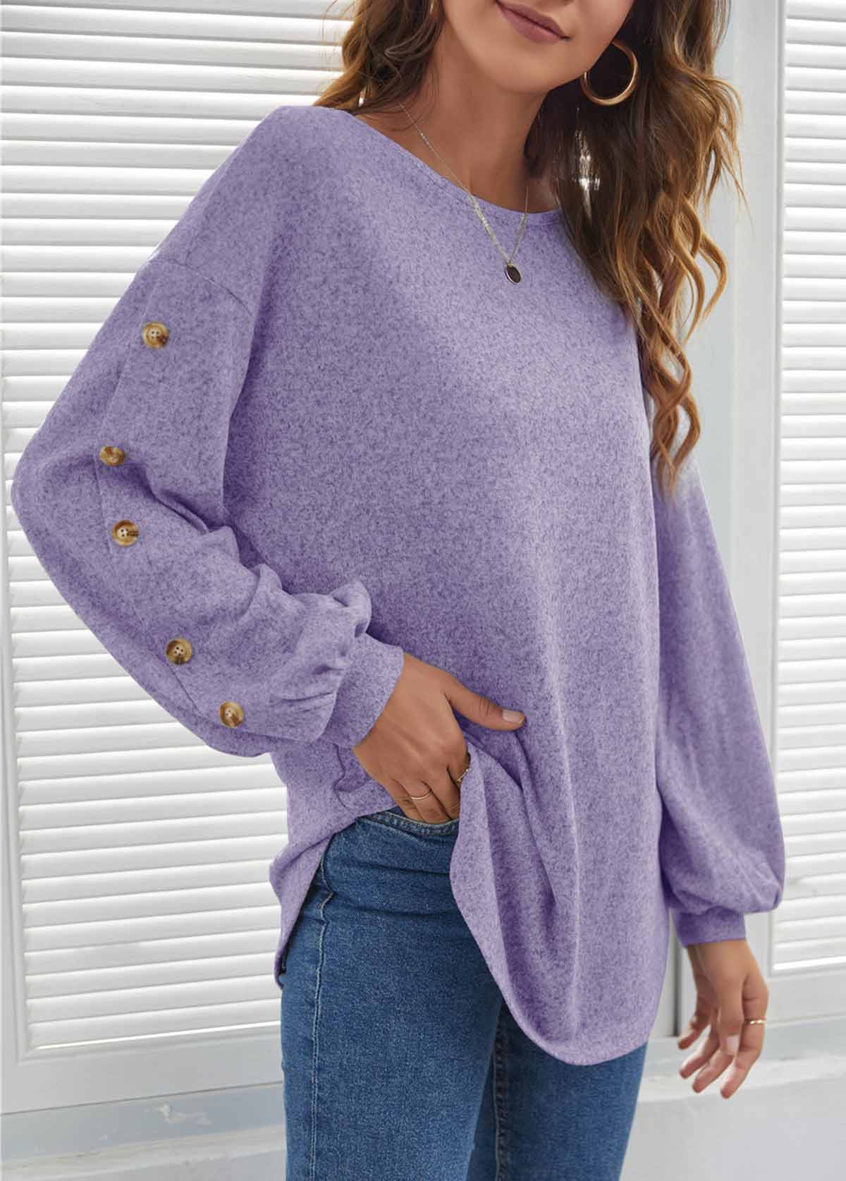 Decorative Button Long Sleeve Purple T Shirt