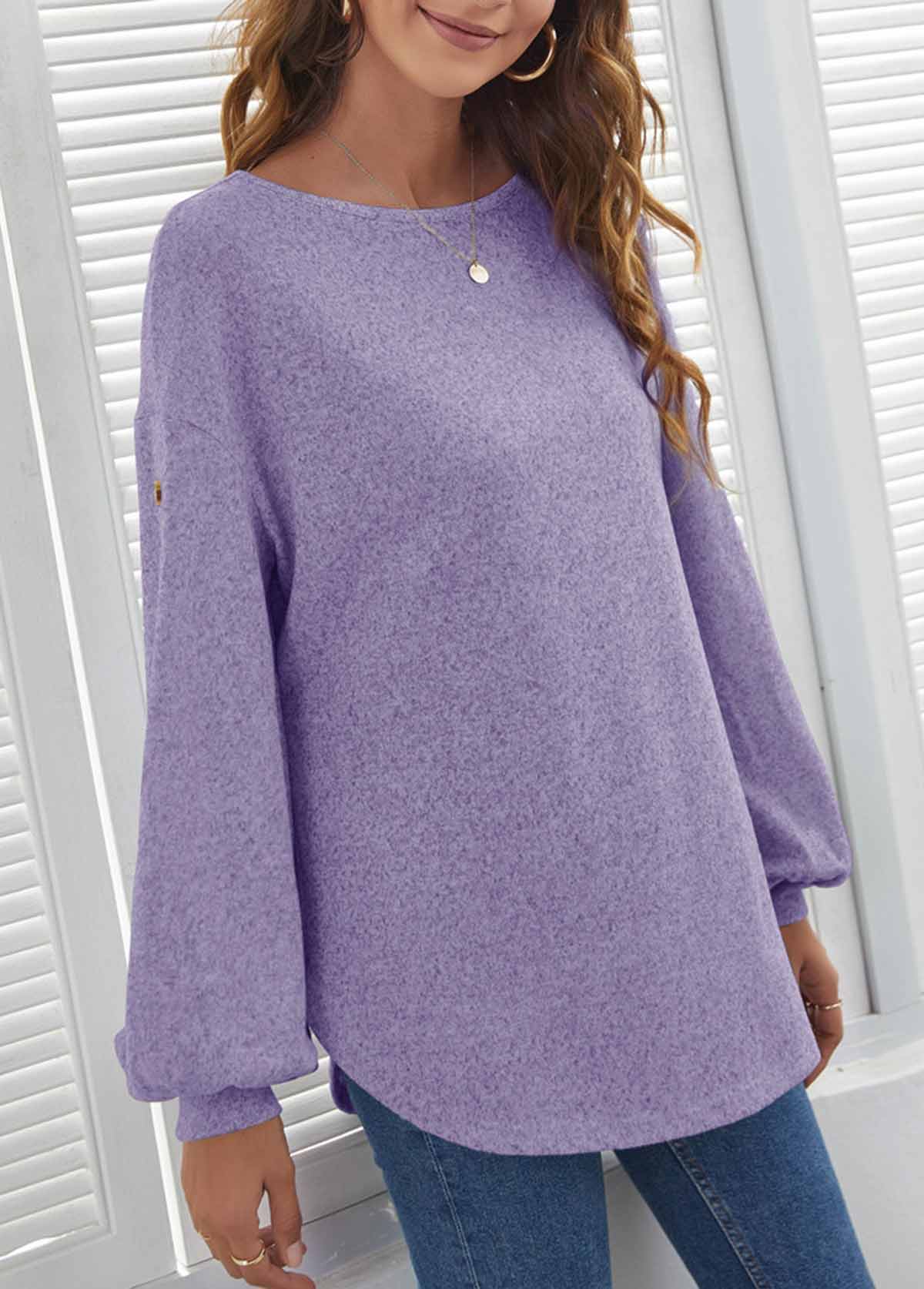 Decorative Button Long Sleeve Purple T Shirt