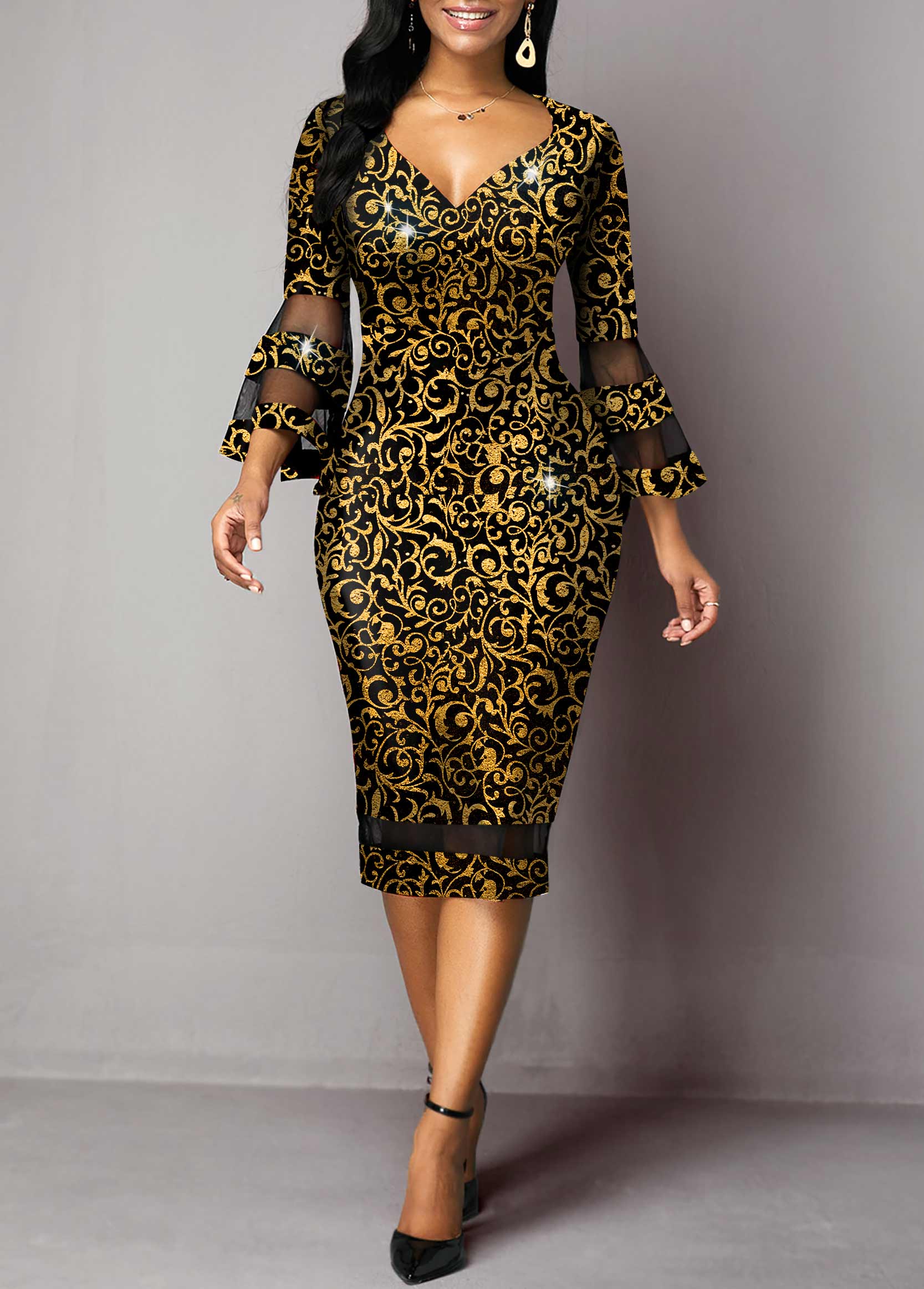 Hot Stamping Mesh Stitching Flare Sleeve Gold Dress