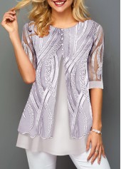 Light Grey Embroidery Half Sleeve Fake Two Piece Twinset