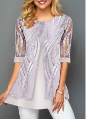 Light Grey Embroidery Half Sleeve Fake Two Piece Twinset 3