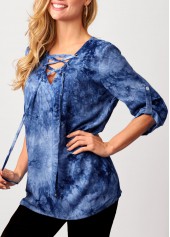 Lace Up Tie Dye Blue Blouse | thumb picture 