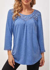 Lace Stitching Round Neck Blue T Shirt | thumb picture 