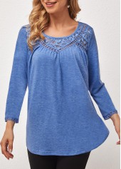 Lace Stitching Round Neck Blue T Shirt