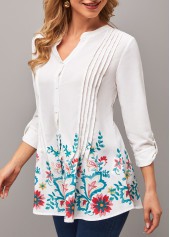 Floral Print Roll Tab Sleeve Split Neck Blouse