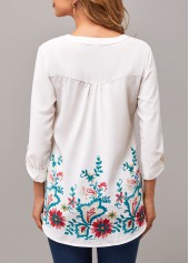 Floral Print Roll Tab Sleeve Split Neck Blouse