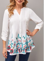 Floral Print Roll Tab Sleeve Split Neck Blouse