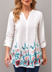 Floral Print Roll Tab Sleeve Split Neck Blouse