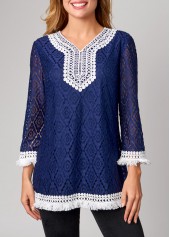 Lace Tassel 3/4 Sleeve Navy Blue T Shirt | thumb picture 