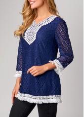 Lace Tassel 3/4 Sleeve Navy Blue T Shirt | thumb picture 