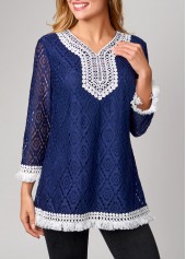 Lace Tassel 3/4 Sleeve Navy Blue T Shirt