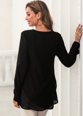Asymmetric Hem Black Roll Tab Sleeve Blouse | thumb picture 
