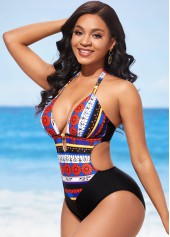 Tribal Print Tie Back Metal Pendant One Piece Swimwear | thumb picture 