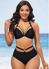 High Waisted Black Halter Metal Ring Detail Bikini Set