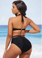 High Waisted Black Halter Metal Ring Detail Bikini Set | thumb picture 