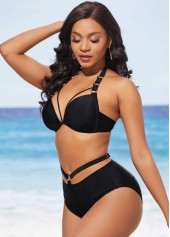 High Waisted Black Halter Metal Ring Detail Bikini Set | thumb picture 