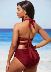 Wine Red Halter Mid Waist Bikini Set | thumb picture 