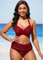 Wine Red Halter Mid Waist Bikini Set