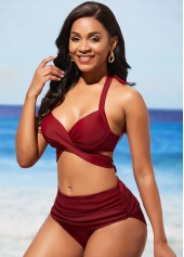 Wine Red Halter Mid Waist Bikini Set | thumb picture 