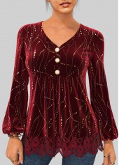 Hot Stamping Wine Red Velvet Stitching Blouse