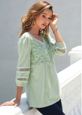 Light Green Lace 3/4 Sleeve Split Neck Blouse | thumb picture 