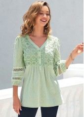 Light Green Lace 3/4 Sleeve Split Neck Blouse | thumb picture 