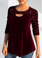 Wine Red Cut Out Long Sleeve Round Neck Blouse | thumb picture 