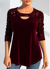 Wine Red Cut Out Long Sleeve Round Neck Blouse