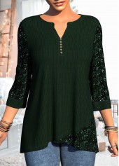 Sequin Asymmetric Hem 3/4 Sleeve Dark Green T Shirt