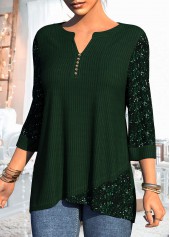 Sequin Asymmetric Hem 3/4 Sleeve Dark Green T Shirt | thumb picture 